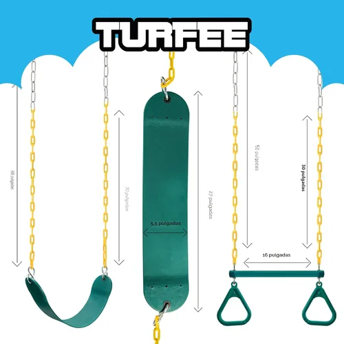 Vista 6 de TURFEE Juego de 3 columpios surtidos, incluye 1 barra de trapecio de anillos de gimnasio y 2 columpios con cadena recubierta de plástico, accesorios