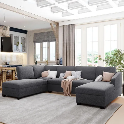 Vista 10 de Sofá tapizado de estilo moderno en forma de L con 2 almohadas, sofá de felpilla de lujo, ideal para sala de estar u oficina (beige #chenilla)