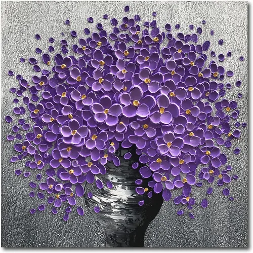 Vista 16 de Epicler art Pintura al óleo decorativa de flores 3D moradas pintadas a mano, arte de pared decorativo de pared de flores, arte moderno, sala