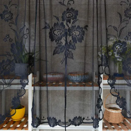 Vista 3 de Cenefa de cortina de encaje transparente con bordado floral negro, estilo princesa, estilo princesa, cenefa de cortina bordada en cascada