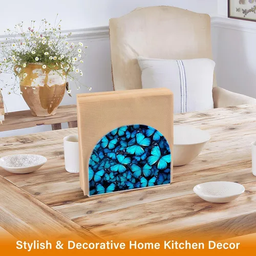 Vista 5 de Servilletero con mariposas azules para mesas, servilleteros de acrílico transparente, servilleteros de cóctel para cocina, restaurante, bar