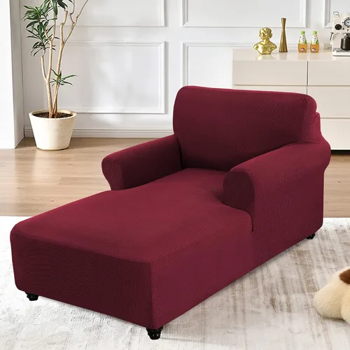 Vista 2 de Funda ajustada para sofá chaise lounge - Funda elástica para chaise de doble brazo con protector (Rojo vino, cuadros pequeños)