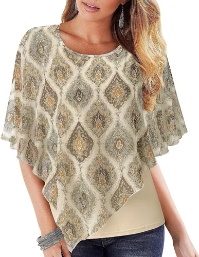Vista 8 de Lotusmile Blusas elegantes de gasa tipo poncho para mujer 25 impresiones punto negro