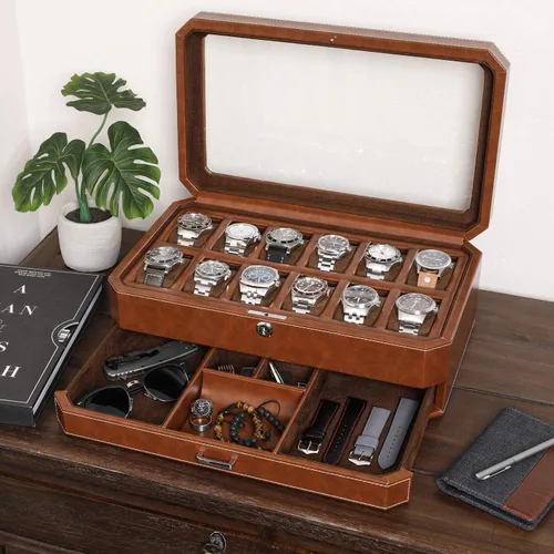 Vista 3 de Juego de regalo Caja de reloj de cuero con 12 ranuras con cajón de valet y funda de viaje para 5 relojes a juego, organizador de exhibición