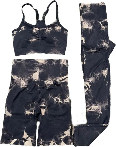 Vista 5 de Women's Seamless Knitted Tie Dye Yoga Fitness Sports High Waist Stretch Tight Shorts Suit Long Yoga Pants for
