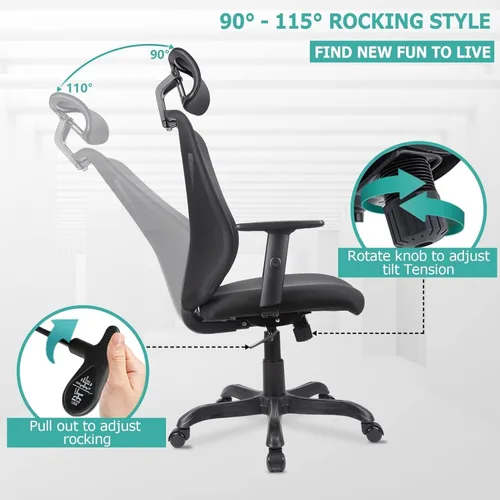 Vista 6 de Ergonomic Office Chair with Adjustable Headrest and Armrest, Mesh Swivel Desk Chair with Lumbar Support and Storage Pocket Work Chair 250lb Capacity