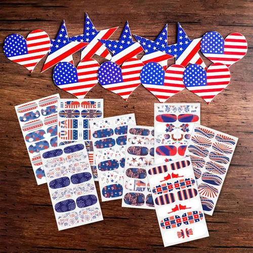 Vista 6 de Paquete de 16 hojas de esmalte de uñas para el Día de la Independencia, tiras de esmalte de uñas de gel autoadhesivas, con bandera estadounidense