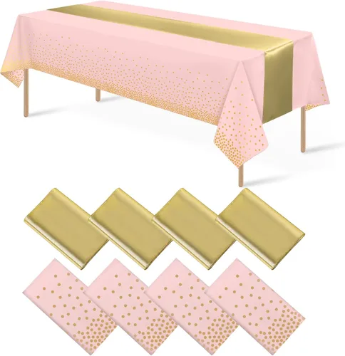 Vista 25 de 8 paquetes de manteles de plástico desechables y juego de camino de mesa de satén negro con dorado, mantel de satén dorado para graduación, boda