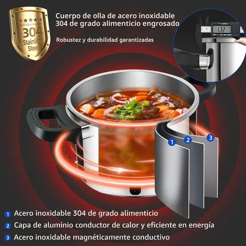 Vista 5 de Olla a presión de 6.3 QT, acero inoxidable 304 - Bloqueo a prueba de explosiones, operación con una mano, cocina rápida, apta para lavavajillas