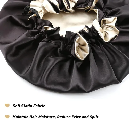 Vista 4 de Gorro de satén para mujer, gorro de dormir grande para cabello largo y rizado, gorra de noche ajustable (doble capa negro/champán)