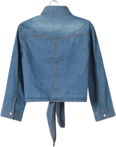 Vista 2 de happlan Camisa corta corta de mezclilla con solapa y manga 34 para mujer