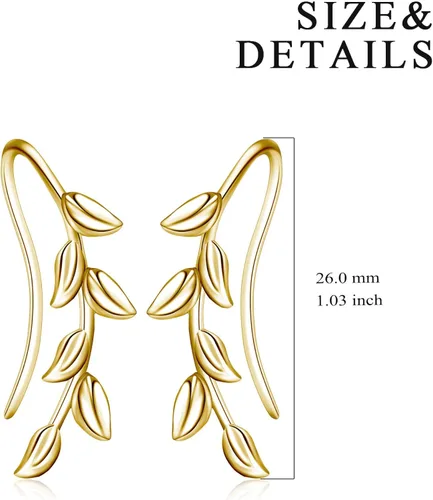 Vista 3 de Aretes de plata esterlina hipoalergénicos, estilo trepadores, con diseño de hojas, para mujeres y niñas