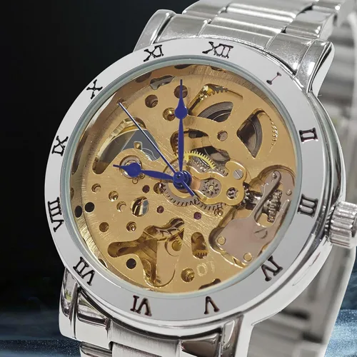 Vista 15 de Gute IK - Reloj automático para mujer, Steampunk con cuerda automática, pulsera plateada mecánica