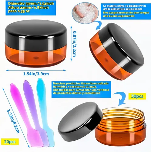 Vista 2 de Paquete de 50 de 10 g pequeños contenedores de cosméticos de plástico con tapas, frascos de maquillaje de 10 gramos de color ámbar con espátulas
