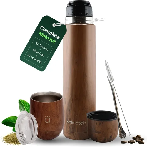 Vista 11 de Kalmateh Yerba Mate Gourd 8oz y botella aislada al vacío de 33.8 fl oz, incluye vaso mate, frasco de doble pared, popote bombilla, cepillo de Negro