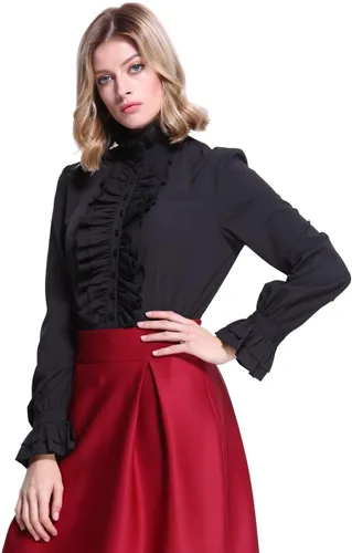 Vista 2 de Camisas góticas victorianas para mujer, blusa vintage de manga larga con volantes