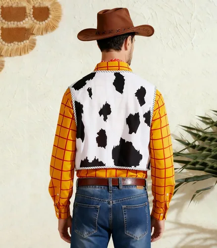 Vista 5 de Disfraz de sheriff de vaquero occidental para hombre, con botones, kit de camisa a rayas (amarillo, S)
