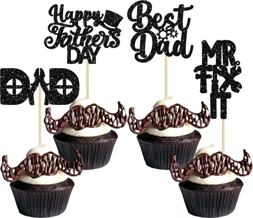 Vista 12 de 24 adornos para cupcakes con temática de sombrero para el Día del Padre, con purpurina azul, mejores selecciones de cupcakes para papá, decoraciones