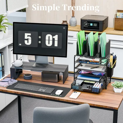 Vista 5 de Simple Trending – Organizador de archivos de escritorio de malla metálica de 5 niveles, bandejas para papel tamaño carta con cajón deslizante