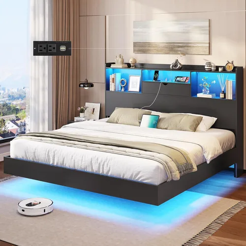 Vista 8 de DICTAC Base de cama flotante matrimonial con luces LED y cabecera de almacenamiento, cama flotante visual con estación de carga, cama de plataforma