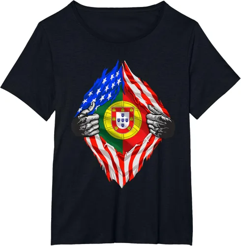 Vista 29 de Camiseta de bandera de Estados Unidos con diseño de raíces portuguesas, Negro, S