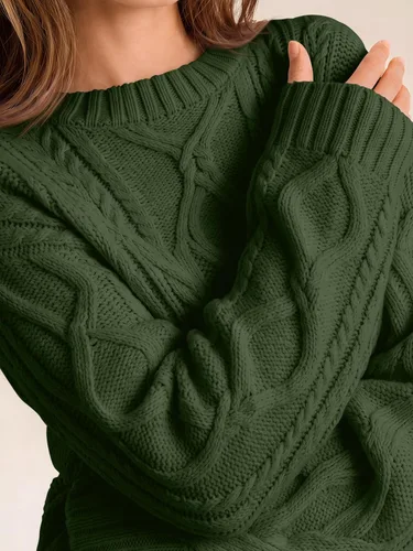 Vista 2 de Trendy Queen Suéteres de punto trenzado de gran tamaño para mujer, trajes Verde militar