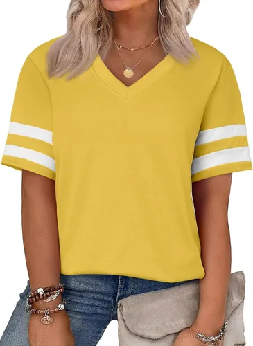 Vista 49 de Eytino Blusas de talla grande para mujer, cuello en V, manga corta, a rayas, casual, holgada, con bolsillo (1X-5X)