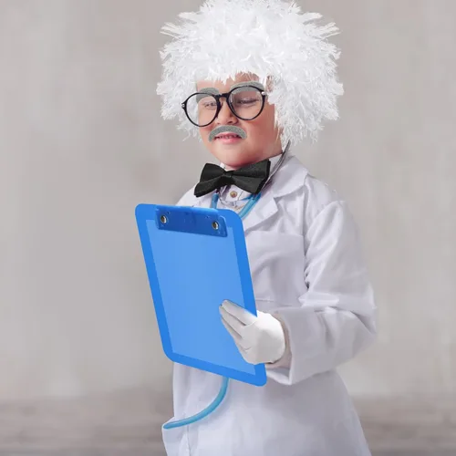 Vista 5 de Suhine 9 Pieces Mad Scientist Costume Set Halloween Crazy Mad Scientist Wig Lab Coat Glasses Mustache Physicist Costume