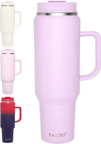 Vista 27 de EALGRO Botella de agua aislada de 40 onzas con popote y asa, frasco de agua deportivo de metal grande, taza de café de viaje de acero inoxidable