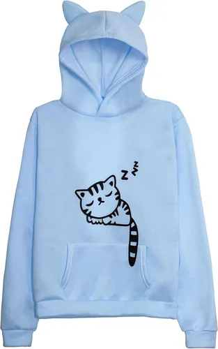 Vista 10 de Sudadera con capucha para mujeres y adolescentes con lindo diseño de orejas de gato y gato durmiendo Negro