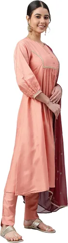 Vista 5 de Janasya Indian Peach Poly Silk Kurta sólido con pantalón y Dupatta para mujer