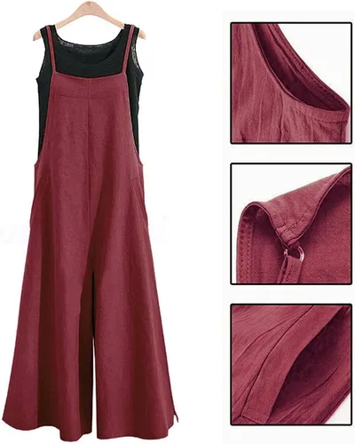 Vista 4 de YESNO PZZTYP2 Enterizo holgado de estilo informal, largo, overol con pantalones de pierna ancha, conjunto de una pieza de algodón, con bolsillos