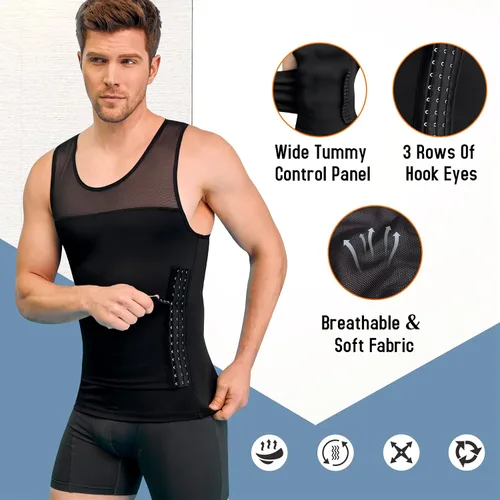 Vista 2 de Chaleco adelgazante para hombre, camiseta de compresión ajustada con control de abdomen, ropa interior y carpeta Moobs