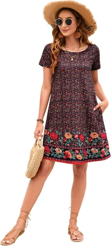 Vista 3 de Sherosa - Vestido de verano sin mangas o con manga corta, estampado floral, con bolsillos, casual, suelto, con vuelo, vestido estilo camiseta