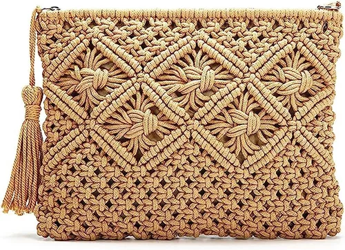 Vista 8 de Magibag Bolso de mano con borla de ganchillo, bolsa de mano de algodón, macramé, bolso de mano tejido a mano, bolso de pulsera con cremallera