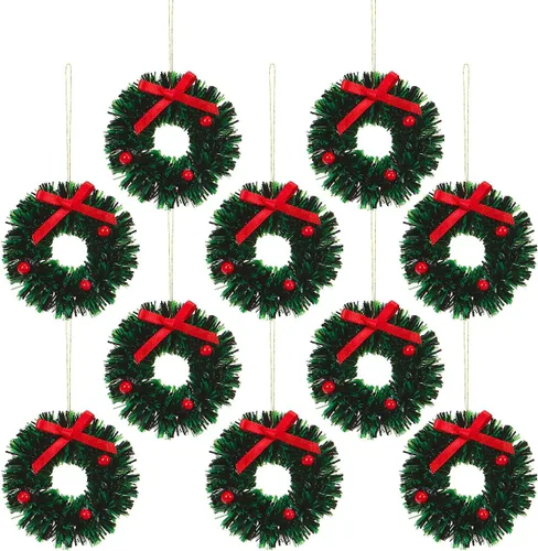 Vista 10 de 10 piezas de mini coronas navideñas artificiales, adornos de coronas navideñas en miniatura para casa de muñecas, mini corona navideña para puertas
