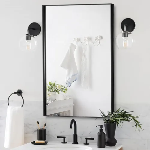 Vista 22 de 24x24 Inch Black Bathroom Mirror for Wall, Aluminum Frame Rectangle Rectangular Vanity Mirror, Modern Large for Bedroom, Living Room, Horizontal or