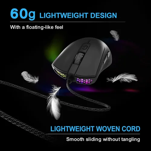 Vista 6 de FOXXRAY Ratón para juegos SM-91 RGB, 7200 DPI, mouse óptico ligero con cable de 2.12 oz con 7 botones programables, agarres antideslizantes, cable