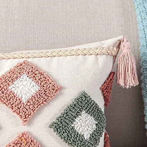 Vista 3 de Bonita funda de almohada lumbar tejida de algodón rosa con borlas y diamantes étnicos bohemios indios con borlas, funda de cojín acogedora