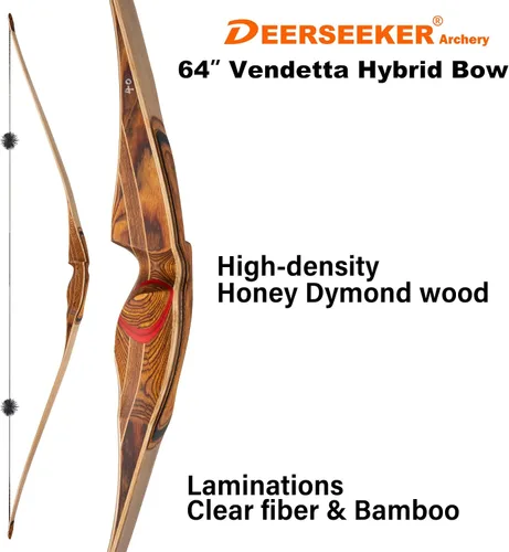 Vista 3 de Deerseeker Tiro con Arco 64" Reflex Deflex Híbrido de Una Pieza Arco Largo Tradicional con Miembros de Bambú Laminado y Fibra de Vidrio Transparente