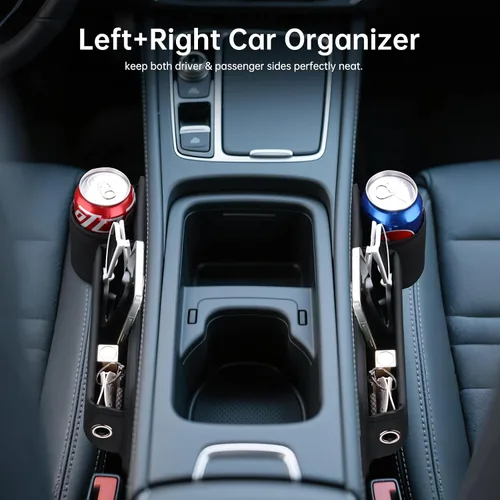 Vista 4 de Umickoo Paquete de 2 Organizadores de Relleno de Asiento de Carro, Organizador de Asiento de Carro de Cuero con Portavasos, Accesorios