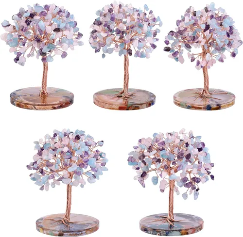 Vista 5 de SUNYIK Juego de árbol de dinero de cristal hecho a mano sobre base de rodajas de ágata orgánica, árbol de la vida curativo de cristales de chakras