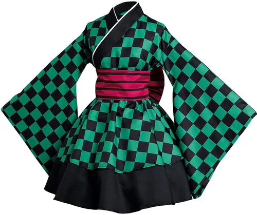 Vista 2 de Kimono de anime japonés Tanjiro Cosplay para mujer, disfraz de Halloween con pendientes