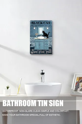 Vista 4 de Zomyto Letrero de metal retro para decoración de baño, diseño de gato negro con texto en inglés "Wash Your Paws", divertido póster para baño, baño