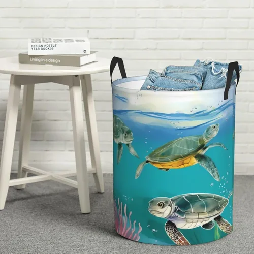 Vista 8 de Cesta circular con estampado de tortugas marinas y peces impermeable, cesta organizadora de lavandería, con asas, para ropa, juguetes, pequeña