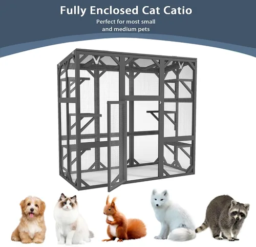 Vista 6 de Ball & Cast Catio - Casa de madera para gatos de 59 pulgadas con anti-UV e impermeable, plataformas y cajas de descanso para interiores, gris oscuro