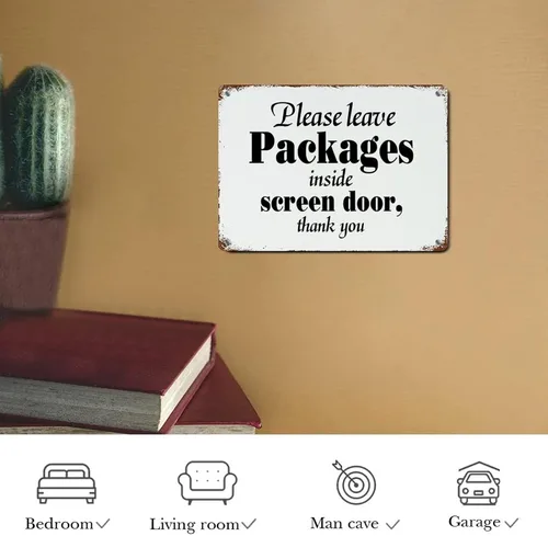 Vista 7 de Letrero de metal rústico con cita familiar, decoración artística de pared con texto en inglés «Please Leave Package»