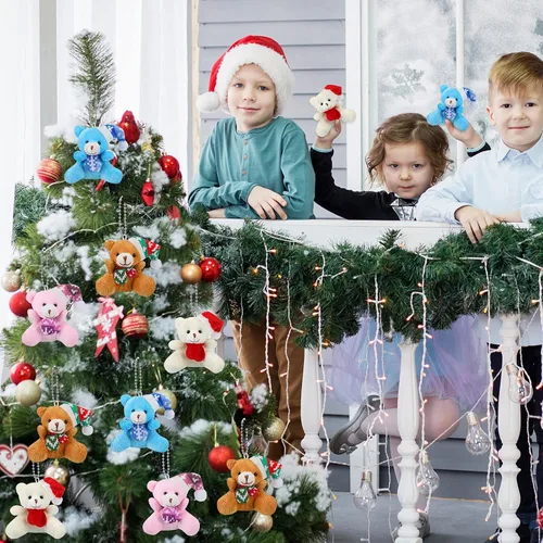 Vista 6 de 12 piezas de mini oso de Navidad de 3.15 pulgadas, oso de peluche suave, juguete de animal de peluche, adorno lindo para árbol de Navidad, llavero