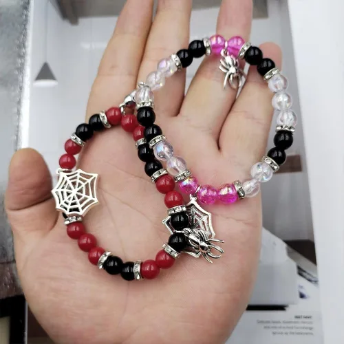 Vista 4 de Spider Matching Beads Bracelets for Women Red Heart Energy Stone Spider Web Bracelet Relationship Promise for Best Friends Couple Halloween Jewelry