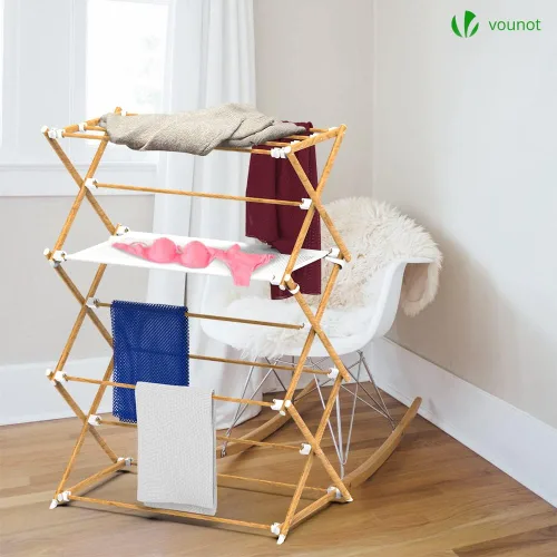 Vista 2 de VOUNOT Torre extensible plegable para ropa con 3 niveles de aspecto de madera de metal, 29.5 x 24.8 x 66.5 in
